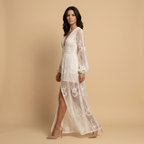 Vestido Largo Encaje Bordado Boho Abertura