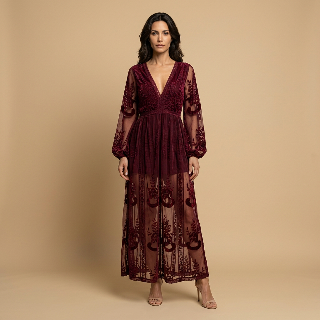 Vestido Largo Encaje Bordado Boho Abertura