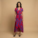 Vestido Largo Floral Cruzado Lazo Manga Corta