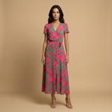 Vestido Largo Floral Cruzado Lazo Manga Corta