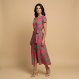 Vestido Largo Floral Cruzado Lazo Manga Corta