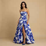 Vestido de Fiesta Floral Sin Tirantes Falda Volumen