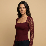 Top Cropped Encaje Manga Larga Mujer