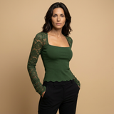 Top Cropped Encaje Manga Larga Mujer