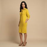 Vestido Midi Punto Canelado Cuello Polo Botones