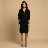 Vestido Midi Punto Canelado Cuello Polo Botones