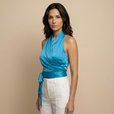 Top Halter Satinado Cruzado Lazo Cintura Mujer