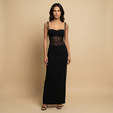Vestido Largo Bustier Encaje Transparente Tirantes Lazo