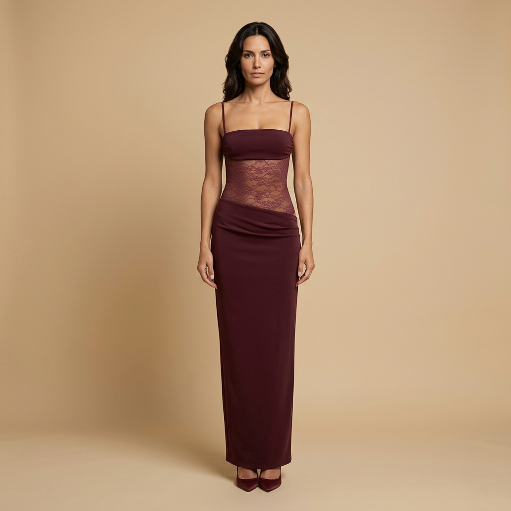 Vestido Largo Bustier Encaje Transparente Tirantes Lazo