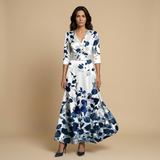Vestido Largo Satinado Floral Bold Escote Cruzado