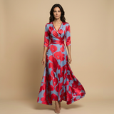 Vestido Largo Satinado Floral Bold Escote Cruzado