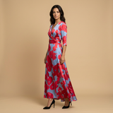 Vestido Largo Satinado Floral Bold Escote Cruzado