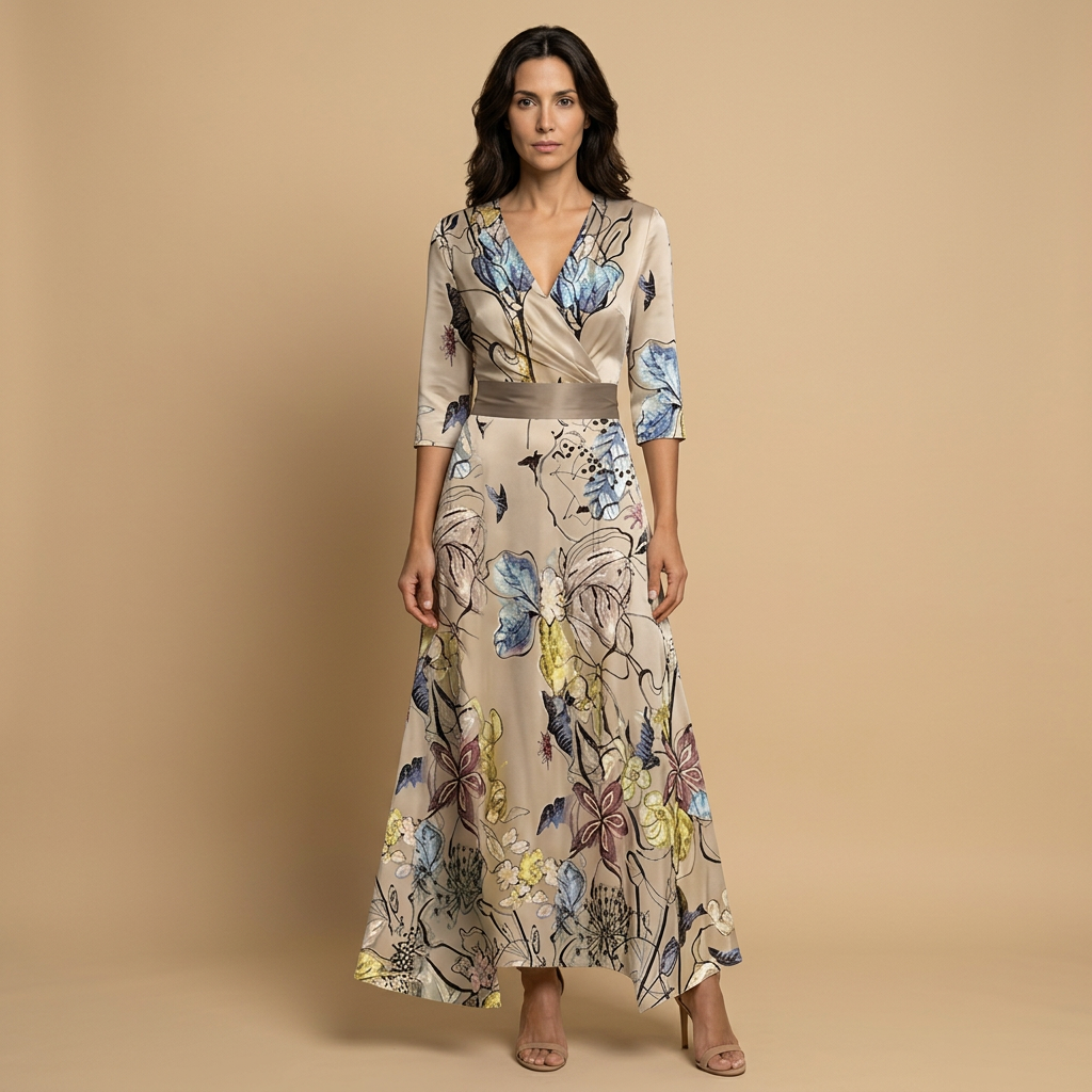 Vestido Largo Satinado Floral Bold Escote Cruzado