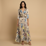 Vestido Largo Satinado Floral Bold Escote Cruzado