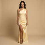 Vestido Largo Satinado Monoshoulder Abertura Lateral