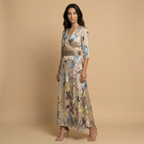 Vestido Largo Satinado Floral Bold Escote Cruzado