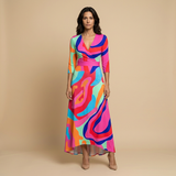Vestido Largo Satinado Floral Bold Escote Cruzado