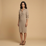 Vestido Midi Punto Canelado Cuello Polo Botones