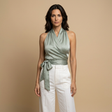 Top Halter Satinado Cruzado Lazo Cintura Mujer