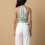 Top Halter Satinado Cruzado Lazo Cintura Mujer