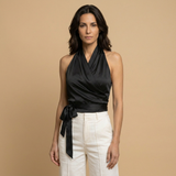 Top Halter Satinado Cruzado Lazo Cintura Mujer