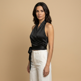 Top Halter Satinado Cruzado Lazo Cintura Mujer