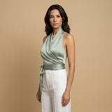 Top Halter Satinado Cruzado Lazo Cintura Mujer