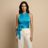 Top Halter Satinado Cruzado Lazo Cintura Mujer