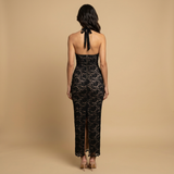 Vestido Largo Encaje Floral Halter Espalda Descubierta