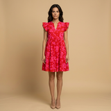 Vestido Corto Floral Manga Mariposa Volantes Verano