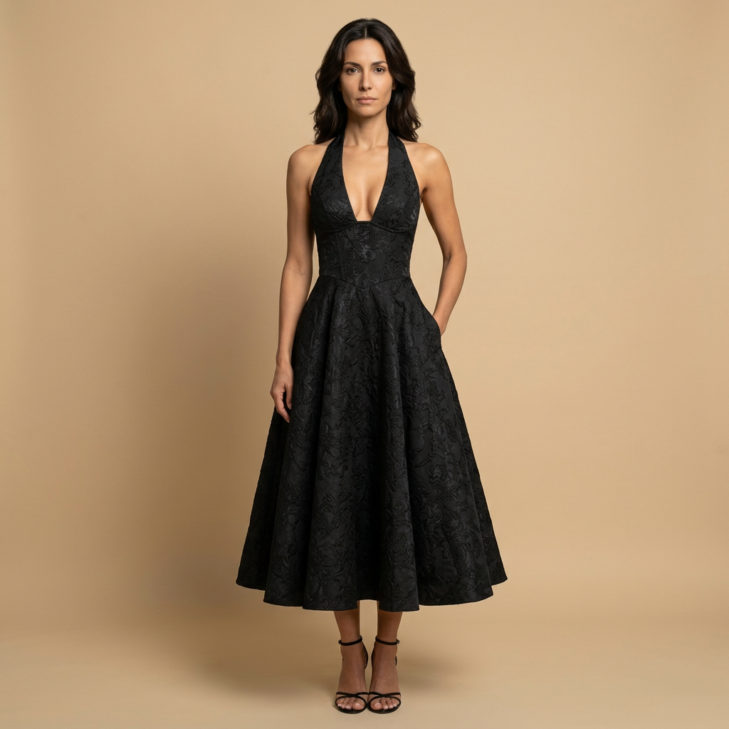 Vestido Midi Halter Escote V Falda Vuelo Jacquard