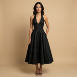 Vestido Midi Halter Escote V Falda Vuelo Jacquard
