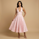 Vestido Midi Halter Escote V Falda Vuelo Jacquard