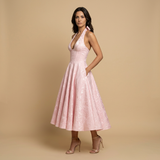Vestido Midi Halter Escote V Falda Vuelo Jacquard