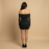 Vestido Corto Off-Shoulder Glitter Mesh Manga Larga Fiesta