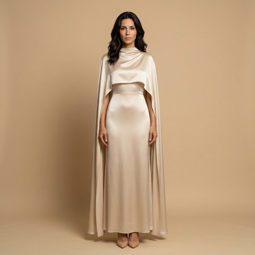 Vestido Largo Satinado Capa Chifón Manga Ángel Mujer