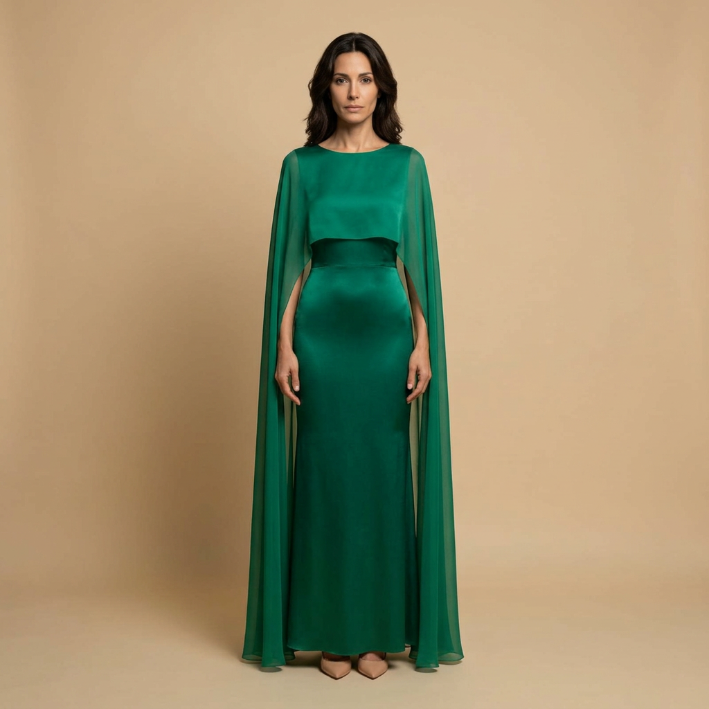 Vestido Largo Satinado Capa Chifón Manga Ángel Mujer