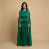 Vestido Largo Satinado Capa Chifón Manga Ángel Mujer