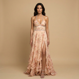 Vestido de Boda Invitada Largo Halter Floral Volantes Perlas