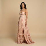 Vestido de Boda Invitada Largo Halter Floral Volantes Perlas
