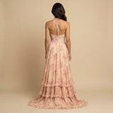 Vestido de Boda Invitada Largo Halter Floral Volantes Perlas
