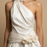 Vestido Corto Halter Satinado Rosas 3D Volantes Mujer