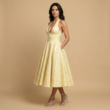 Vestido Midi Halter Escote V Falda Vuelo Jacquard