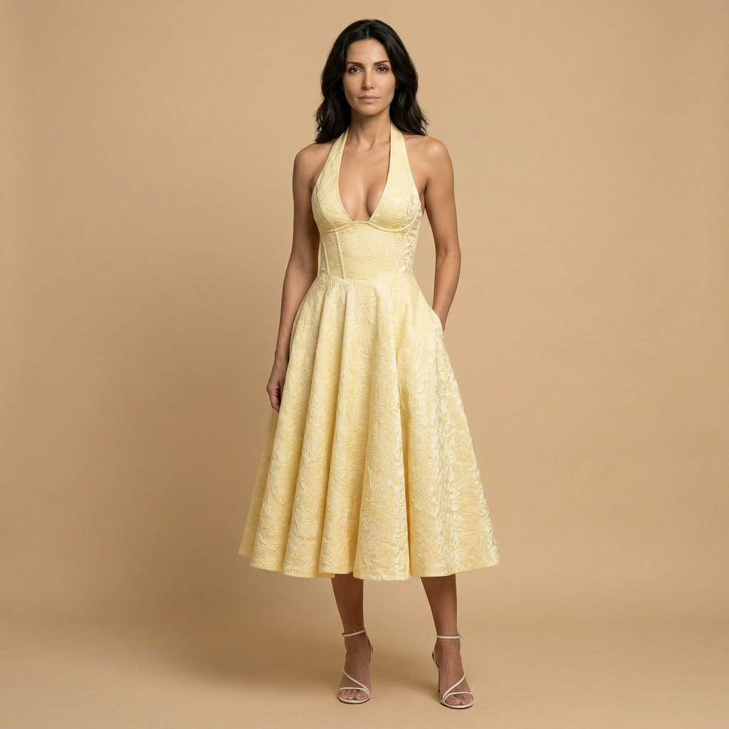 Vestido Midi Halter Escote V Falda Vuelo Jacquard