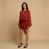 Vestido Corto Plisado Manga Globo Semitransparente Mujer