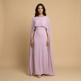 Vestido Largo Satinado Capa Chifón Manga Ángel Mujer