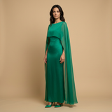 Vestido Largo Satinado Capa Chifón Manga Ángel Mujer