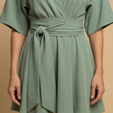 Vestido Corto Wrap Manga Kimono Cinturón Lazo Mujer