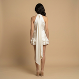Vestido Corto Halter Satinado Rosas 3D Volantes Mujer