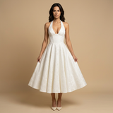 Vestido Midi Halter Escote V Falda Vuelo Jacquard